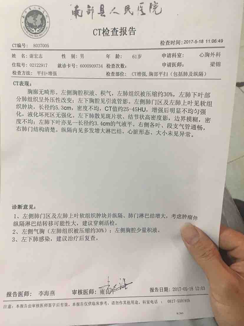 男61岁咳嗽不带血肺部积水有ct片大家帮我看一下